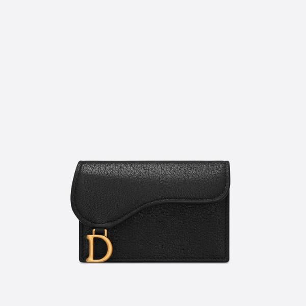 DIOR Saddle Flap Card Holder Black Leather Wallet