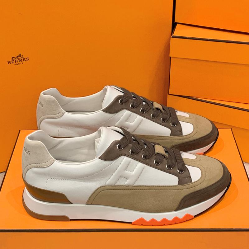 HERMES Men’s Trail Sneakers Calfskin White Brown Low-Top