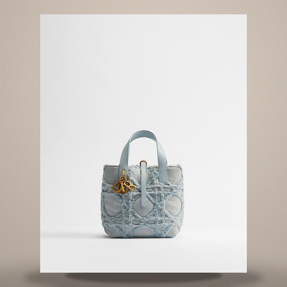 DIOR Blue Denim Cannage Toujours Vertical Tote Bag Small