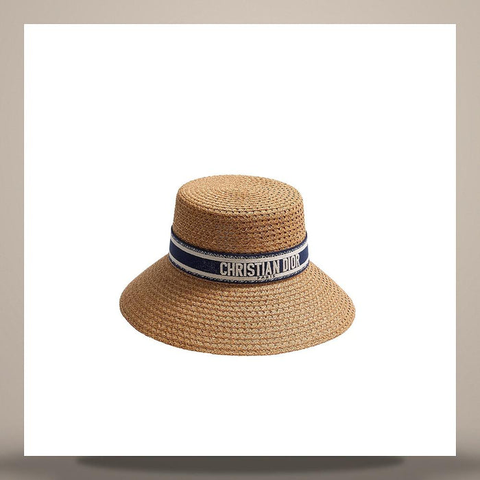 DIOR Blue White Embroidered Band Wide Brim Straw Cap