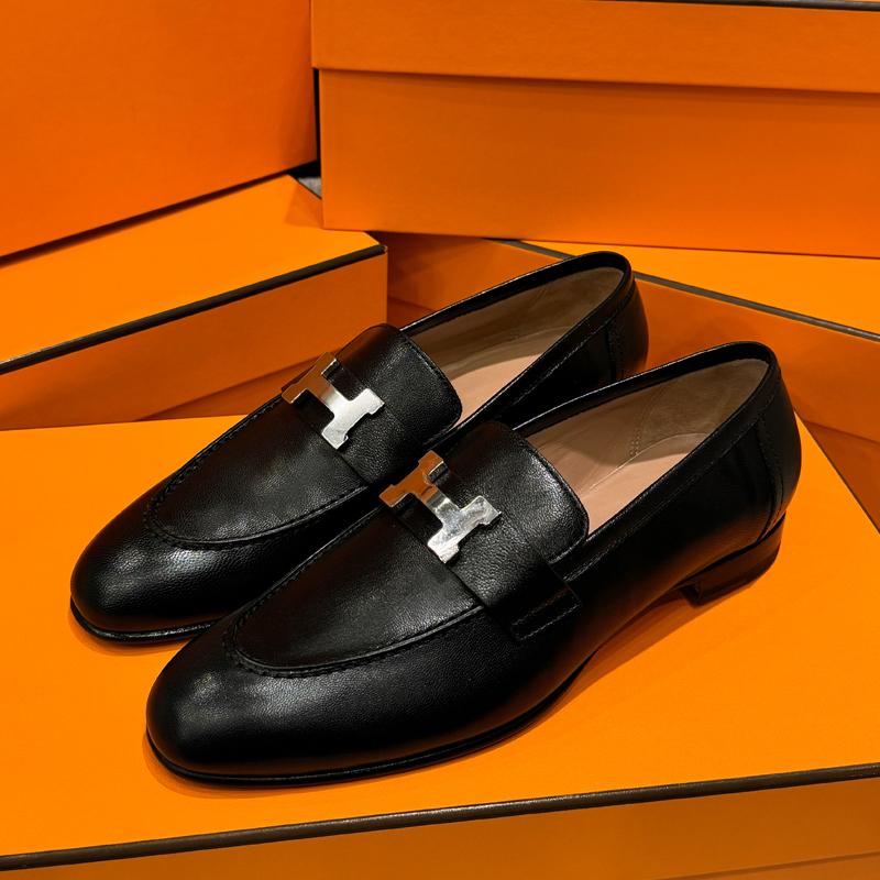 HERMES Black Goatskin Paris Loafers Silver Hardware