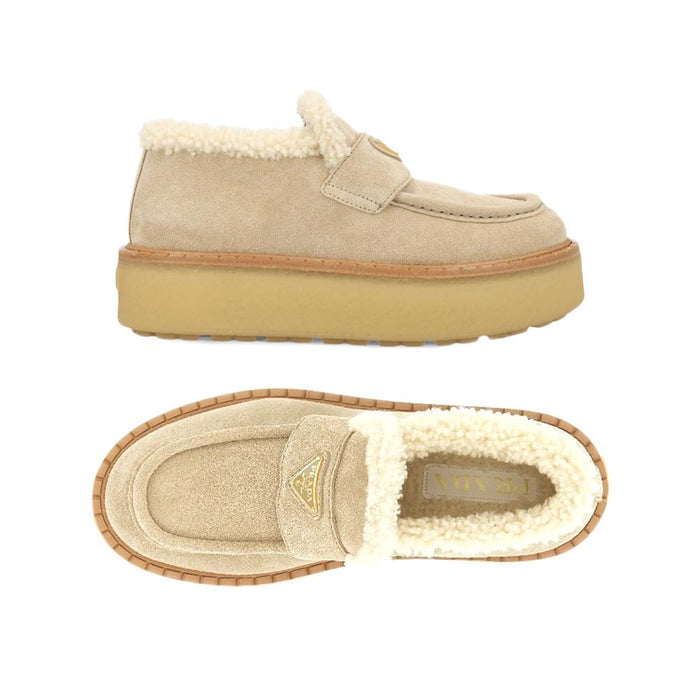 PRADA Triangle Logo Suede Shearling Loafers Desert Beige 1D717N JFT F0F24