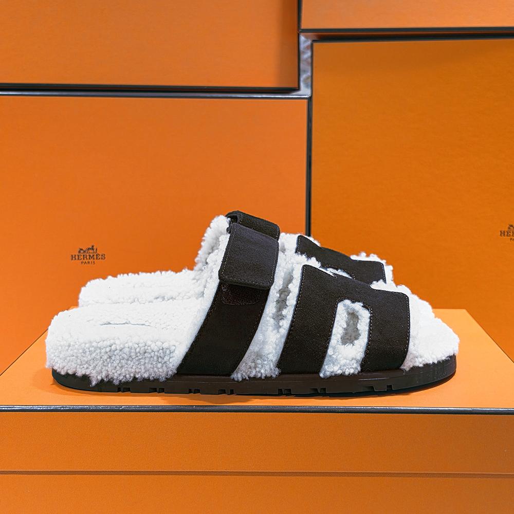 HERMES Shearling Chypre Sandals Woolskin Marron Ebene Slippers