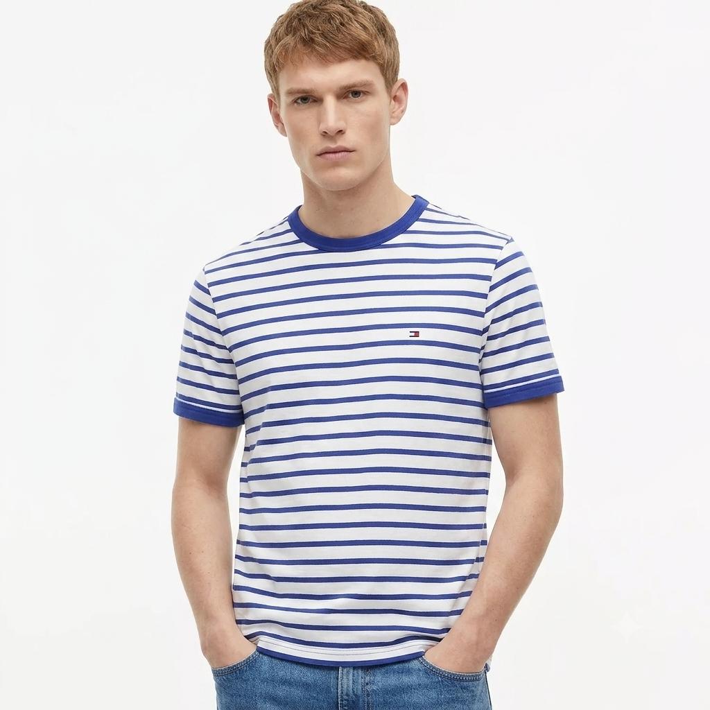 TOMMY HILFIGER Men’s Slub Stripe Short Sleeve T-Shirt Blue