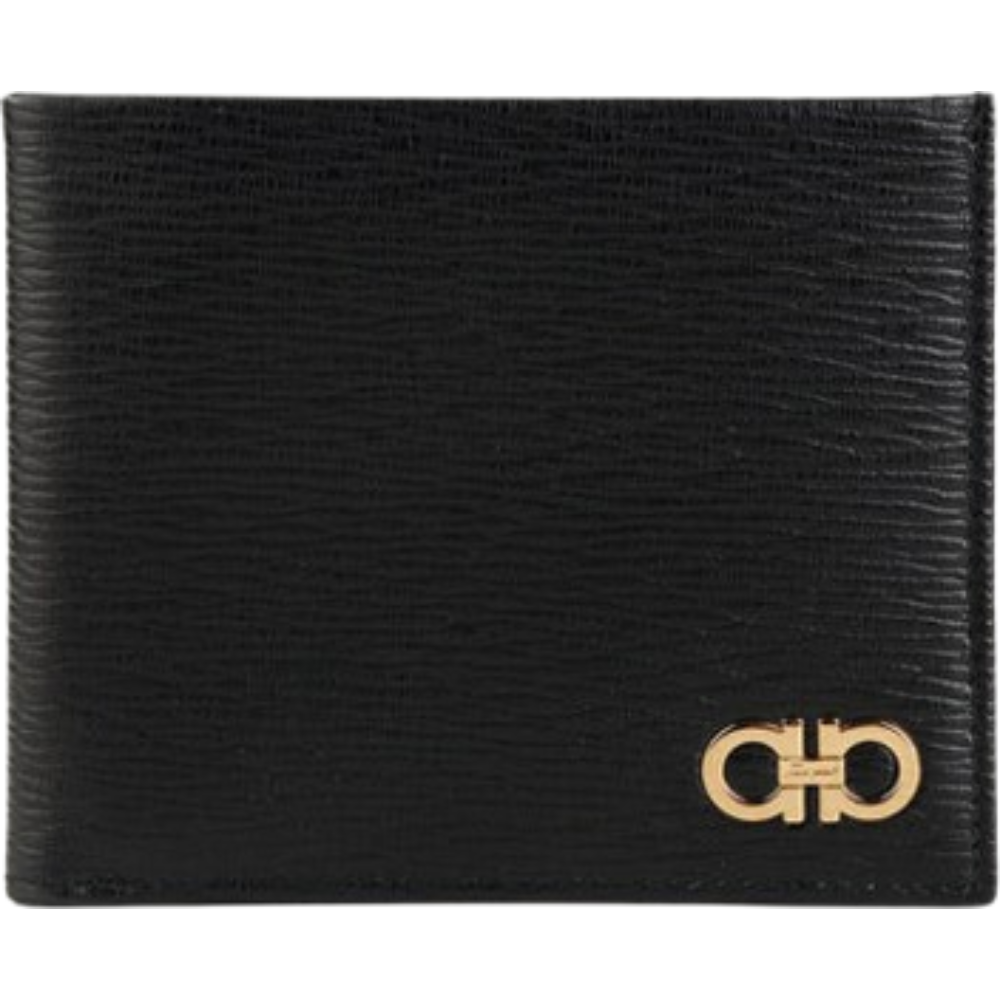 Ferragamo Double Gancini Bifold Wallet Black Leather Gold-Tone Hardware 0685950