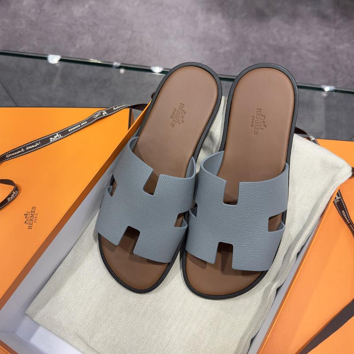 HERMES Izmir Sandals Epsom Leather Blue Brown Two-Tone Slippers
