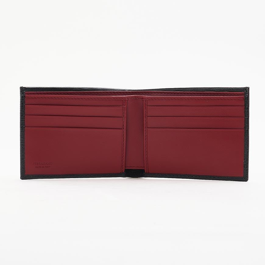 Ferragamo Gancini Bifold Wallet Black Red Leather Men's