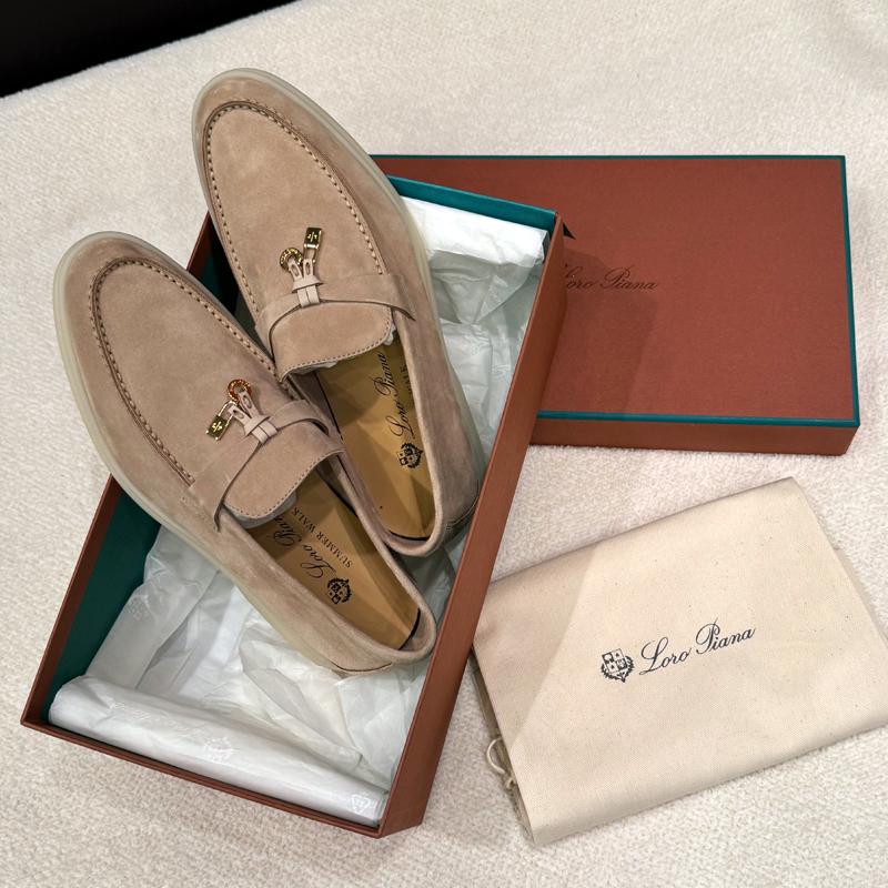 Loro Piana Suede Summer Charms Walk Loafers Sand Brown Gold-tone