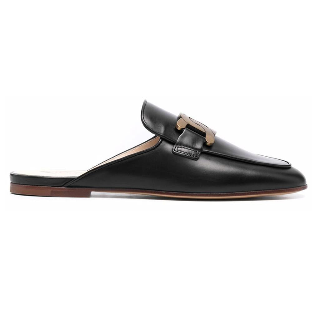 Tods Chain Logo Leather Sabot Backless Loafers Black