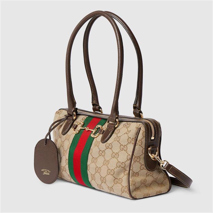GUCCI Borsetto Medium Boston Bag Beige Canvas Leather Shoulder Bag
