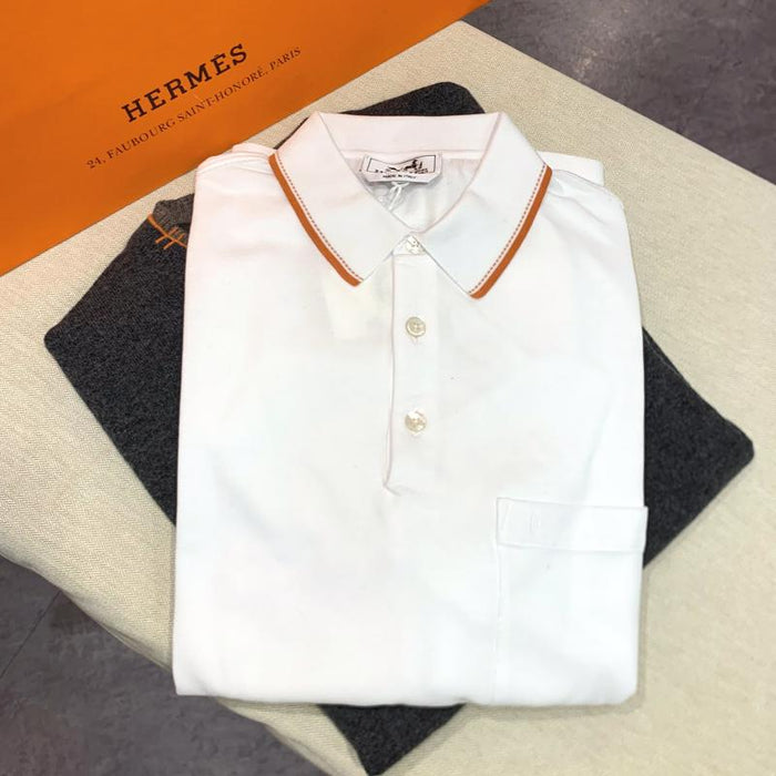 HERMES Piqures Sellier Cotton Polo Shirt White