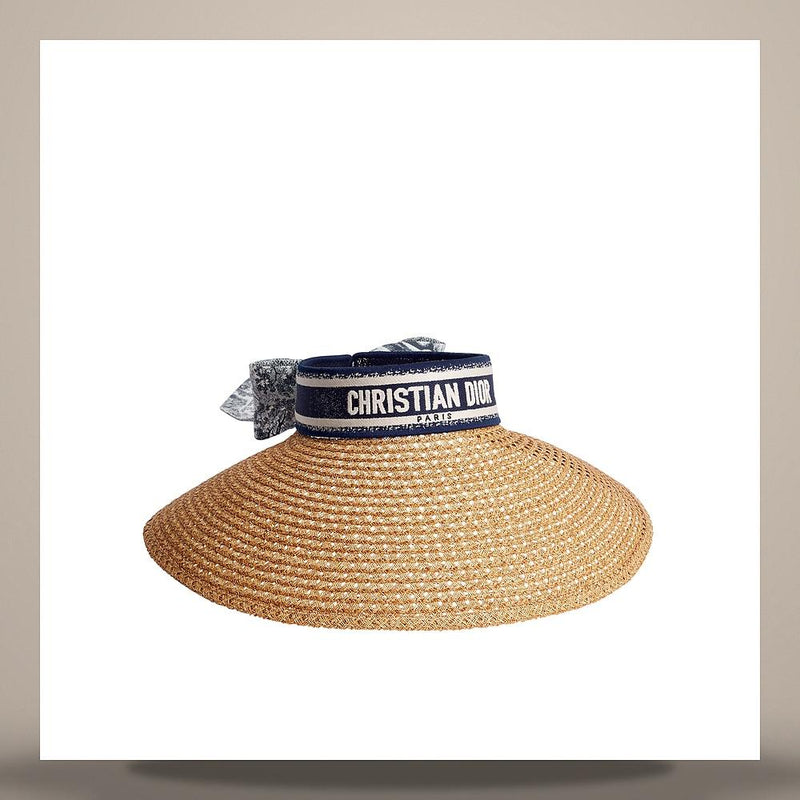 DIOR Navy Blue White Embroidered Straw Dioriviera DOcean Mizza Visor Cap