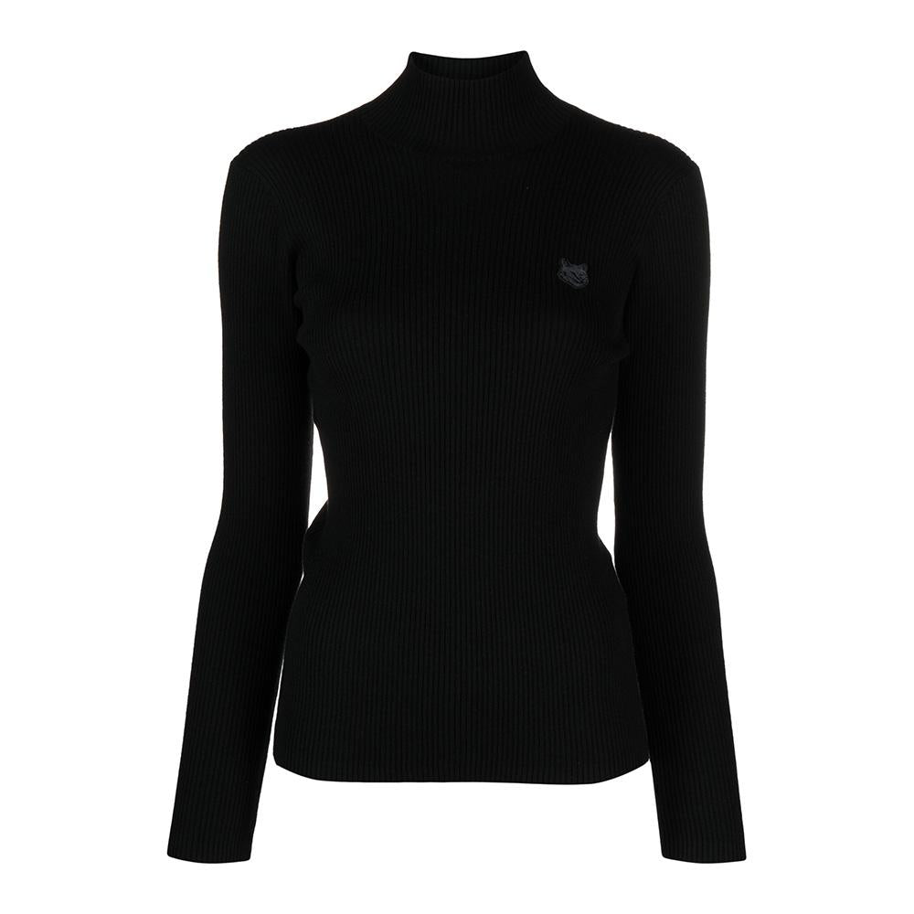 Maison Kitsune Fox Head Patch Black Turtleneck Knit Sweater LW00806 KT1091 P199