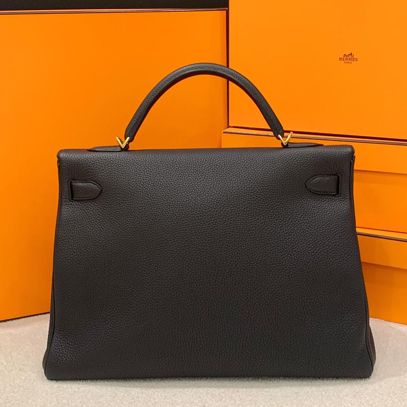 HERMES Kelly Black Leather Tote Bag with Gold Hardware