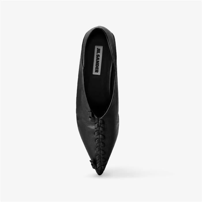 JIL SANDER Pointed Toe Stitch Ballerina Flats Black Leather