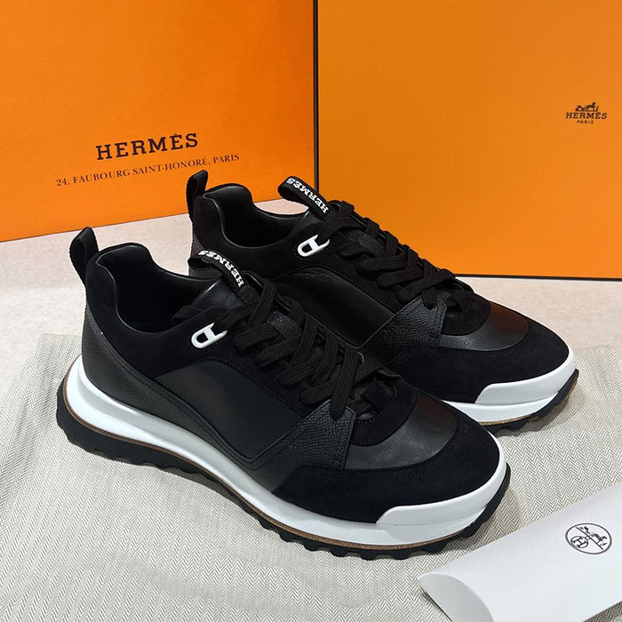 HERMES Men's Rider Sneakers Epsom Calfskin Suede Black Low-Top