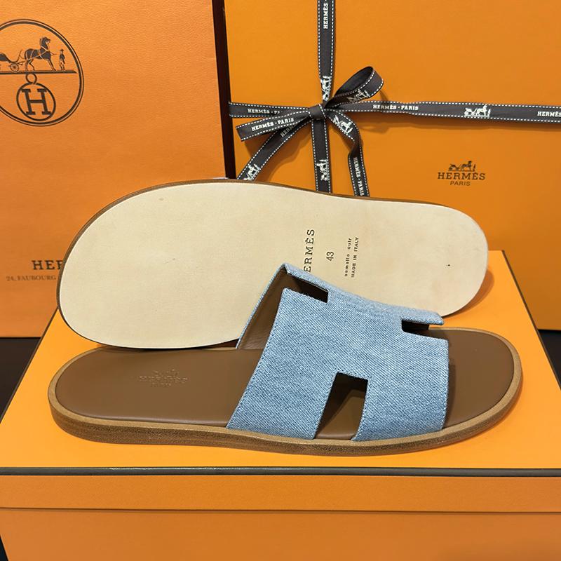 HERMES Izmir Two-Tone Calfskin Denim Brown Men’s Sandals