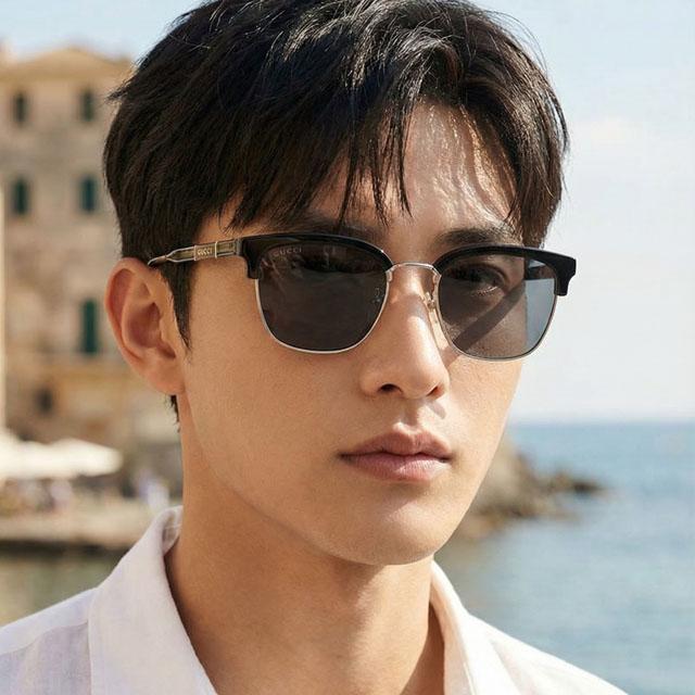 GUCCI Black Retro Square Browline Sunglasses Asian Fit Unisex