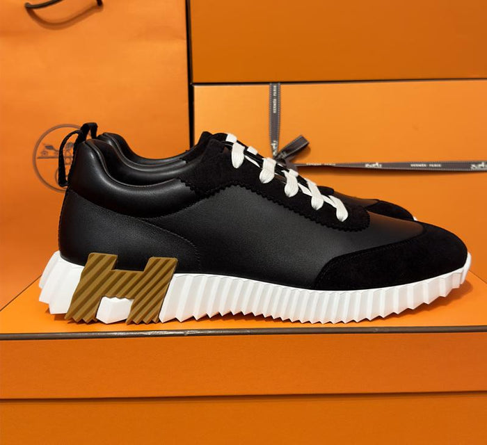 HERMES Men’s Bouncing Low-Top Sneakers Black Goatskin Brown H Logo