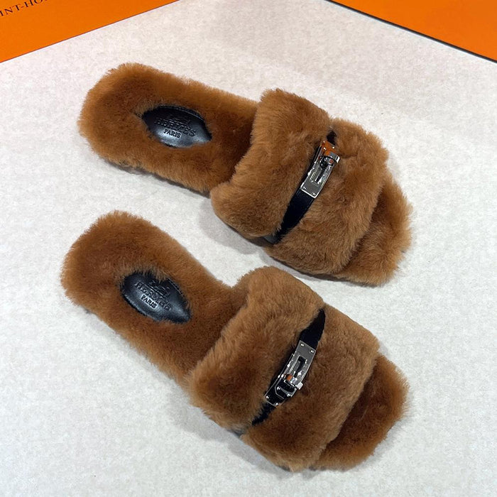 HERMES Shearling Calfskin Julia Sandals Brown Black Silver-Tone