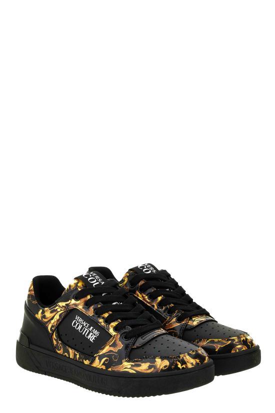 Versace Black Gold Leather Low-Top Sneakers for Men