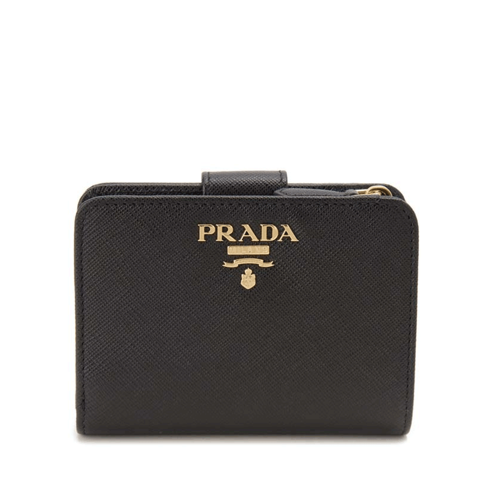 PRADA Metal Logo Black Leather Bifold Wallet for Women