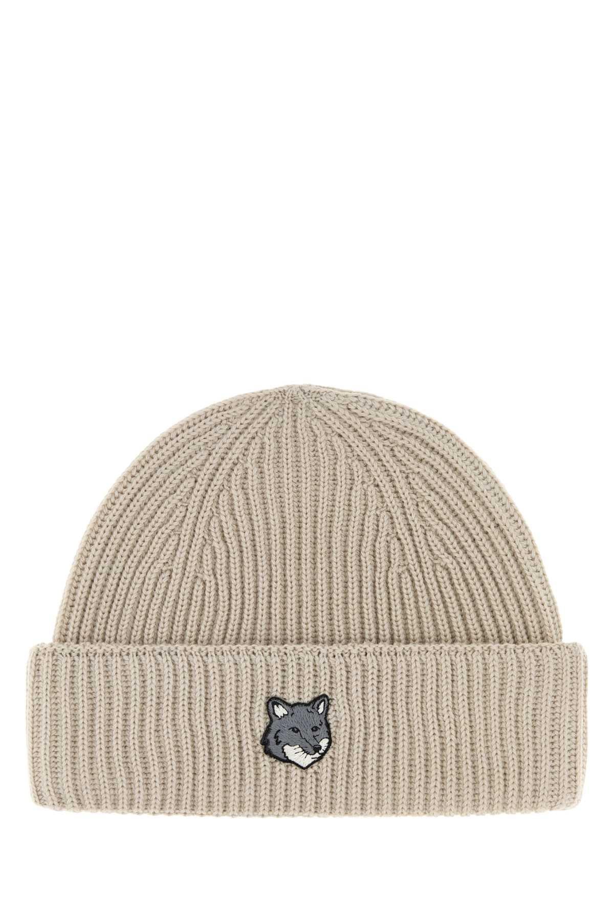 Maison Kitsune Wool Rib Knit Beanie Hat Gray Men