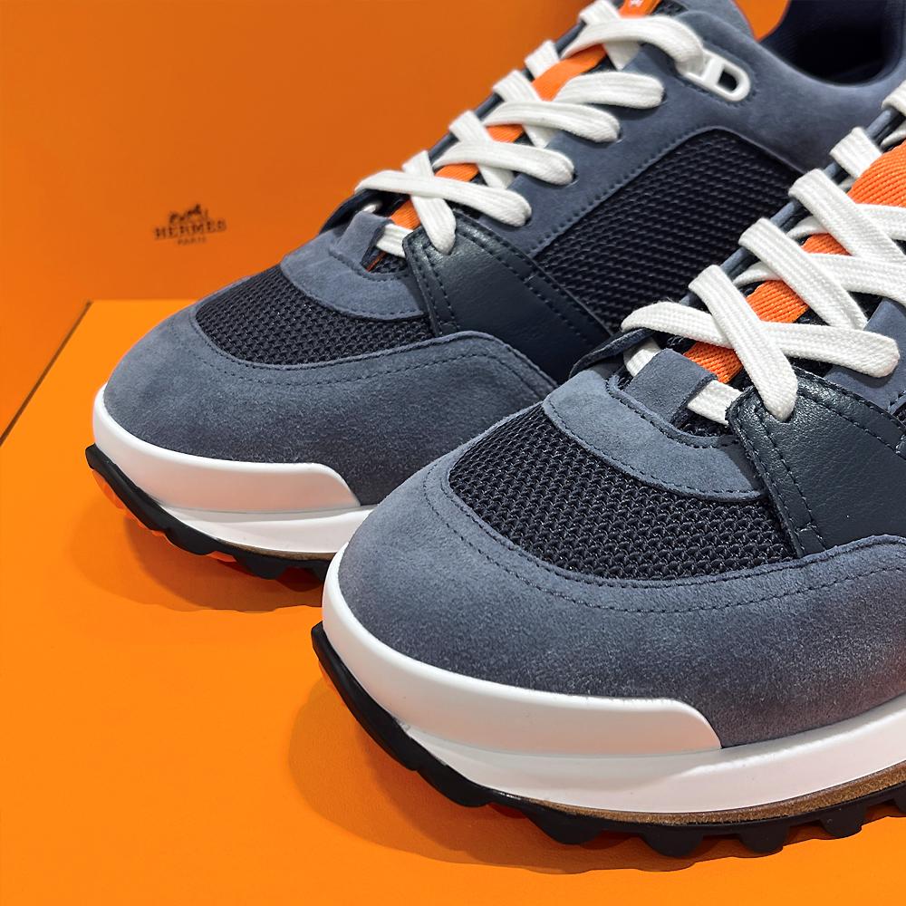 HERMES Men’s Leader Sneakers Epsom Calf Goatskin Suede Gray Blue
