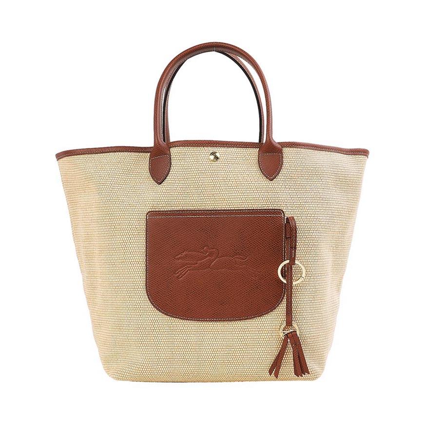 Longchamp L Basket Bag Women’s Tote Beige Woven Leather Trim