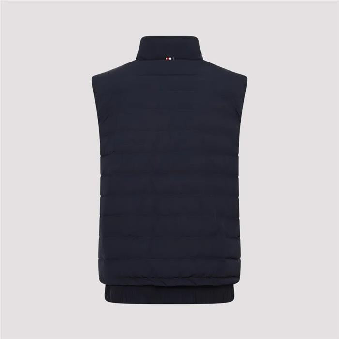 THOM BROWNE Navy Poly Twill 4-Bar Funnel Neck Down Vest FVD015X 07259 415
