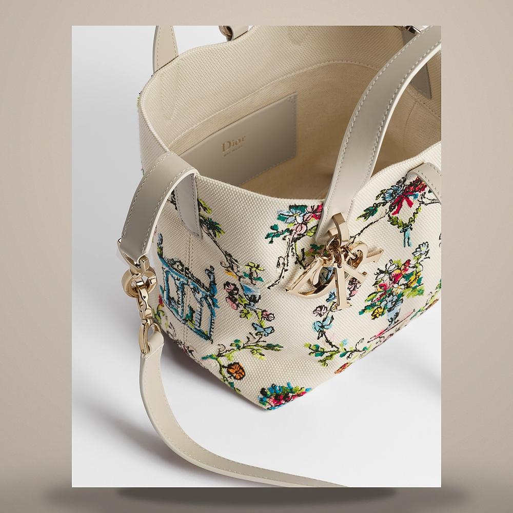 DIOR Latte Multicolor Arabesque Embroidered Cotton Vertical Tote Bag Small