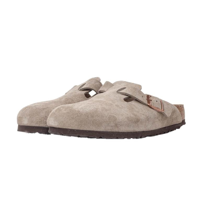 Birkenstock Suede Leather Boston Clogs Taupe Narrow Fit Slippers