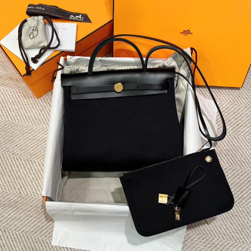 HERMES Black Canvas Herbag Shoulder Tote Gold-Tone Hardware Tote Bag 31