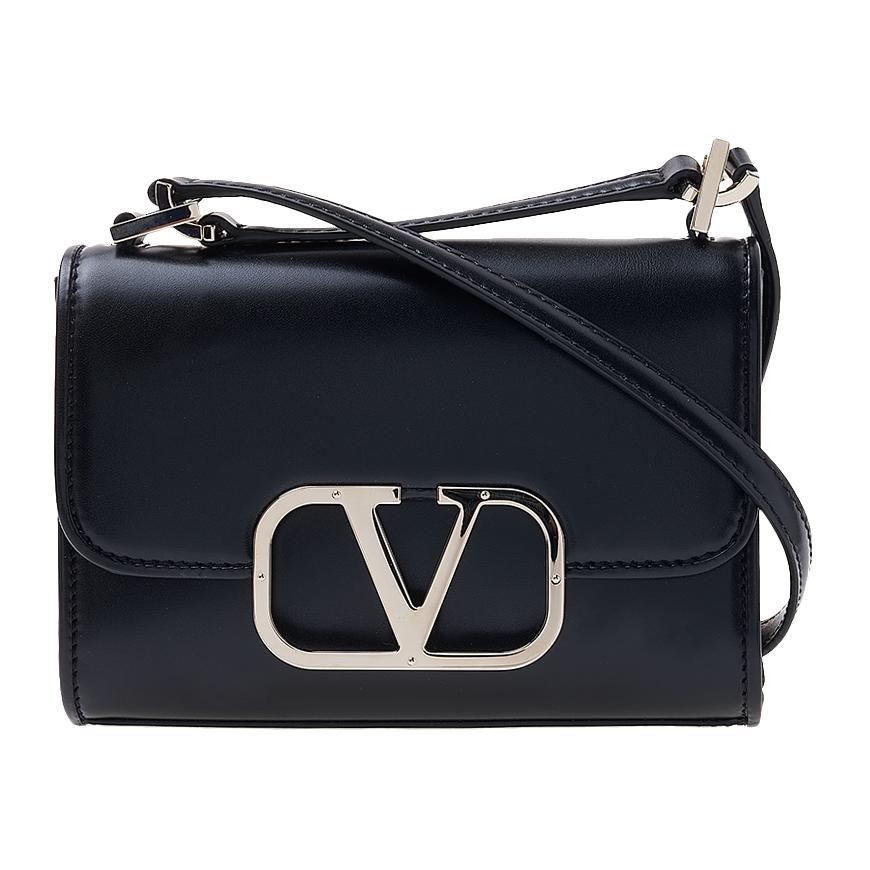 VALENTINO Garavani Signature V Logo Leather Shoulder Bag Black