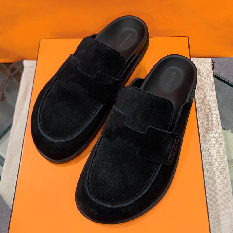 HERMES Men’s Go Mule Suede Calfskin Black Slippers