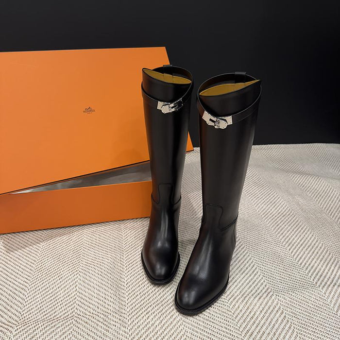 HERMES Black Calfskin Jumping Kelly Buckle Long Boots Silver Hardware