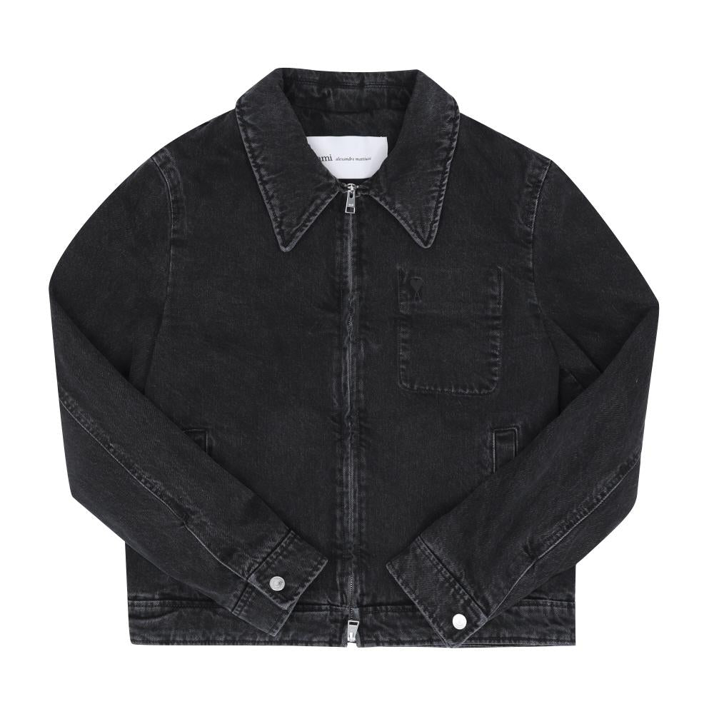 AMI Small Heart Logo Denim Zip Jacket for Men