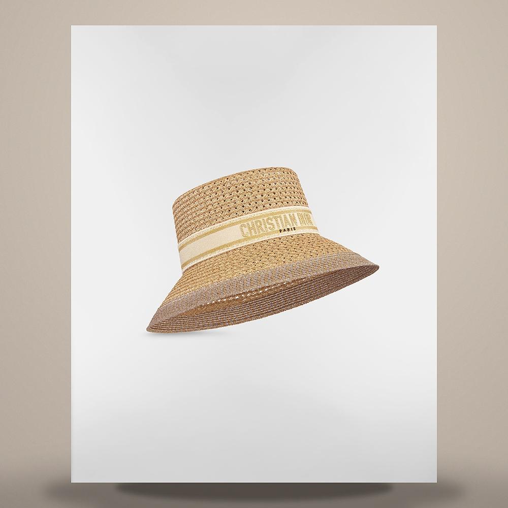 DIOR Ecru Wide Brim Straw Hat with Gold-Tone Embroidered Band