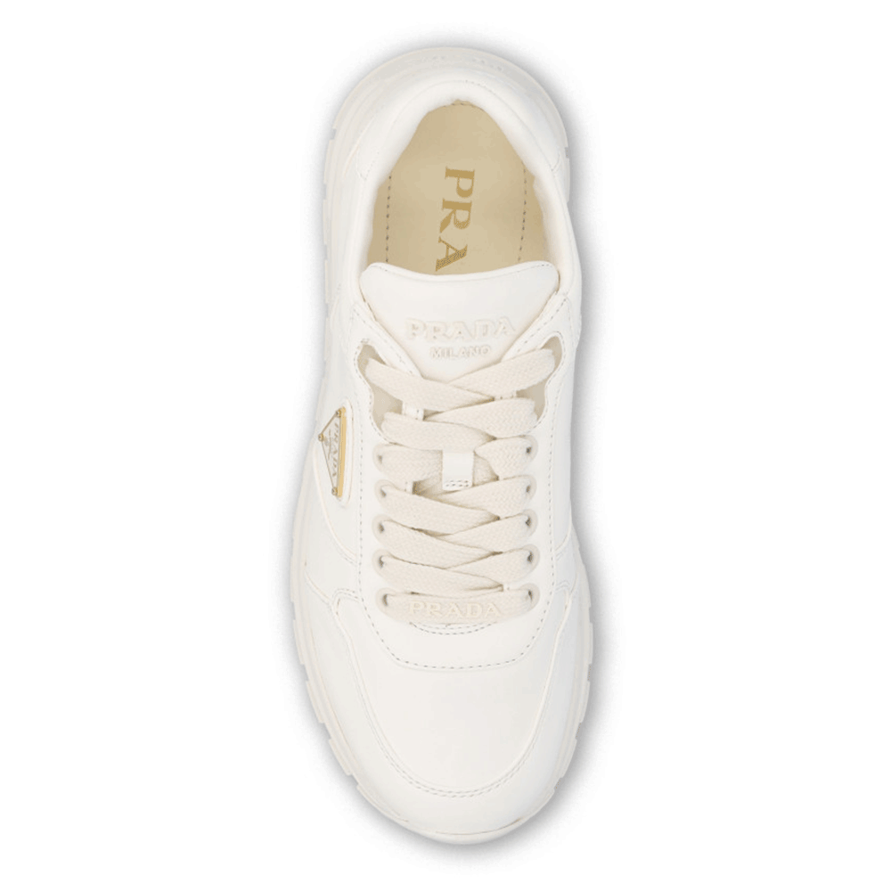 PRADA White Leather Low-Top Sneakers with Gold Triangle Logo Women 1E0210