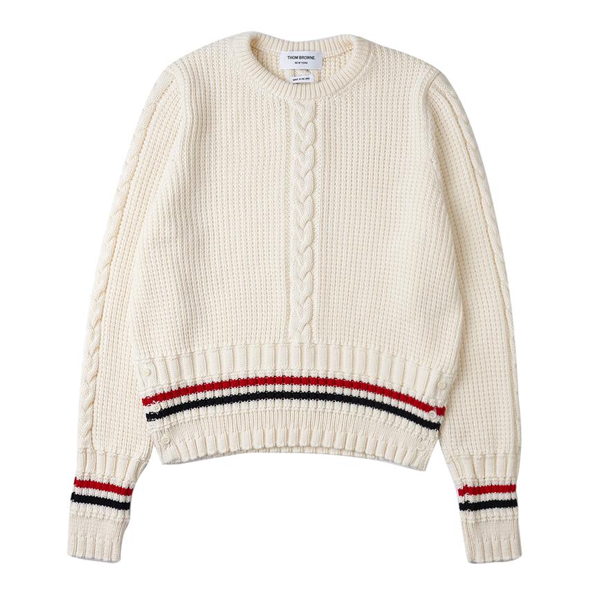 THOM BROWNE Men’s Cable Stitch Wool Crewneck Sweater White
