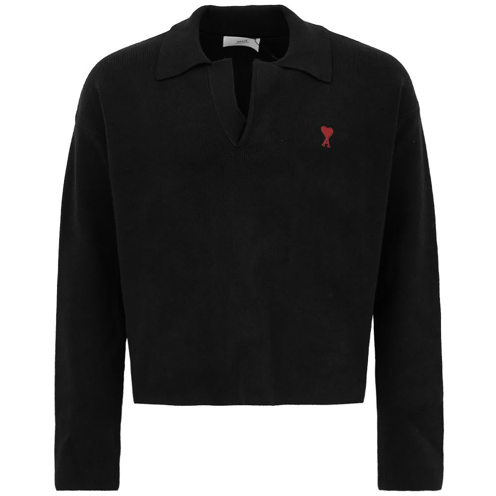 AMI Heart Logo Open Polo Knit Sweater Black Men
