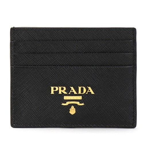 PRADA Metal Logo Gold-Tone Card Holder Wallet Black