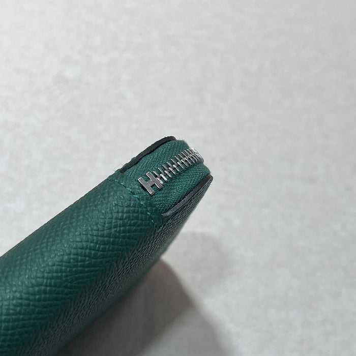 HERMES Green Epsom Calfskin Silk Detail Zip Long Wallet