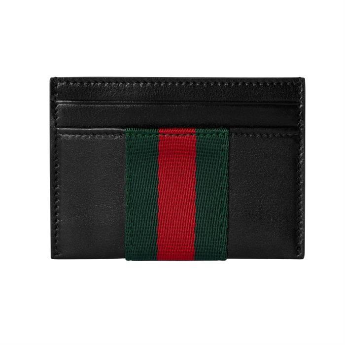 GUCCI Web Stripe Trademark Black Leather Card Case