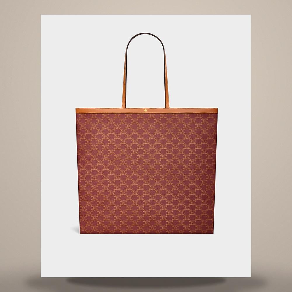 CELINE Burgundy Tan Triomphe Canvas Large Flat Shopper Tote Bag 123842O93 GGH8