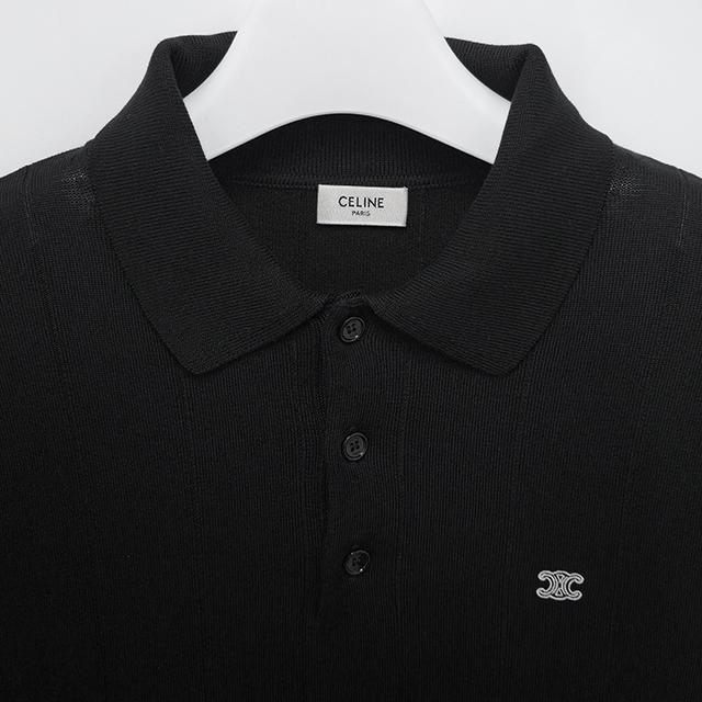 CELINE Triomphe Embroidered Ribbed Long Sleeve Polo Shirt Black