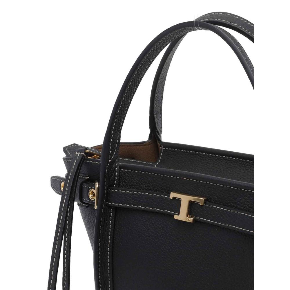 Tods T Logo Leather Tote Bag Black