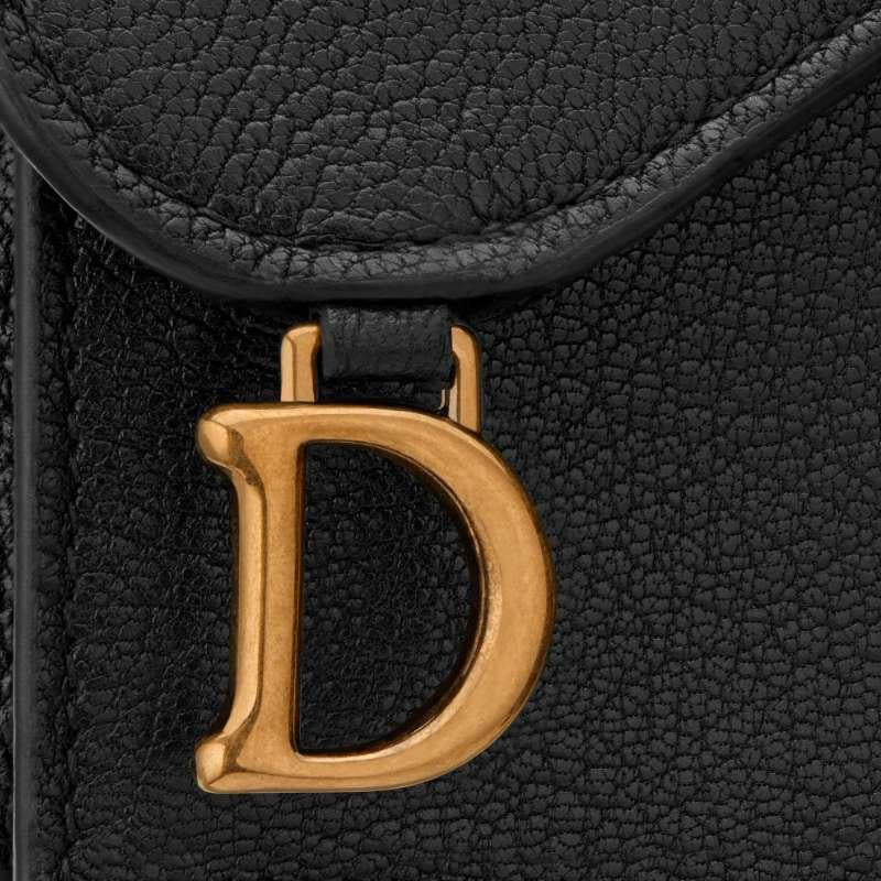 DIOR Saddle Flap Card Holder Black Leather Wallet