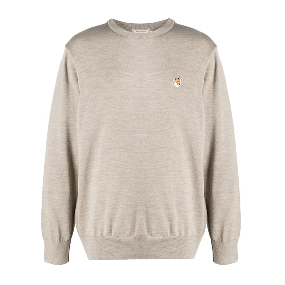 Maison Kitsune Beige Melange Fox Logo Crewneck Knit Sweater M FM00528KT1036 H250