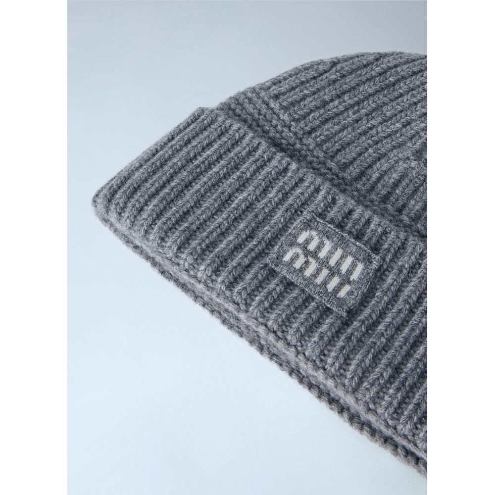 Miu Miu Logo Patch Knit Beanie Hat Black